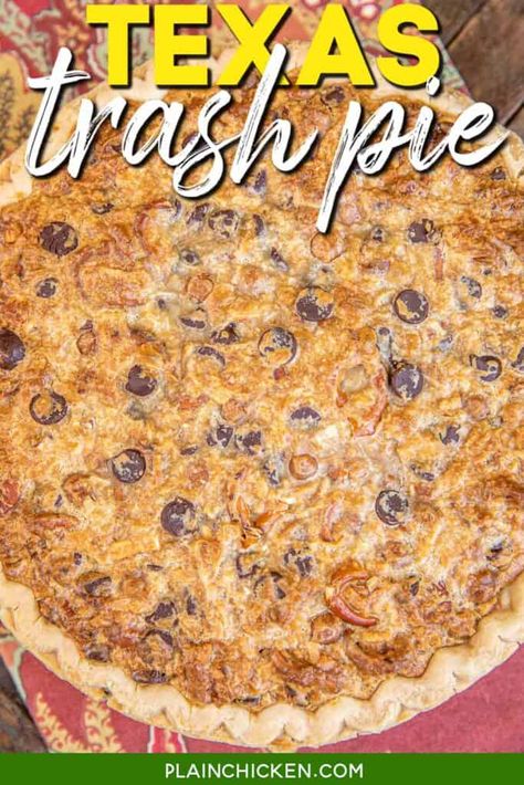 Railroad Pie Recipe, Country Pie Recipes, Texas Trash Pie Recipe Taste Of Home, Texas Dump Pie, Texas Trash Cookies, Texas Pie Dump Cake, Texas Trash Cake, Trash Can Pie, Texas Trash Pie Recipe Southern Living