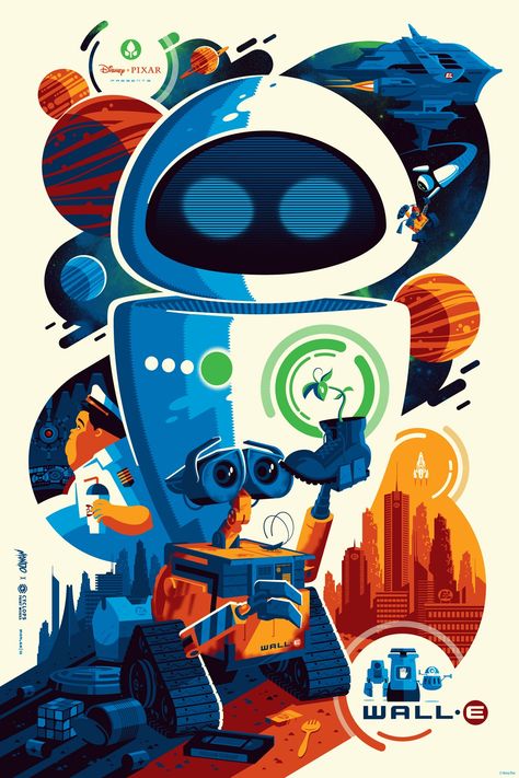 Tom Whalen, Animated Movie Posters, Wall E Eve, Disney Posters, Deco Poster, Pop Culture Art, Wall E, Fan Art Drawing, Painting Supplies