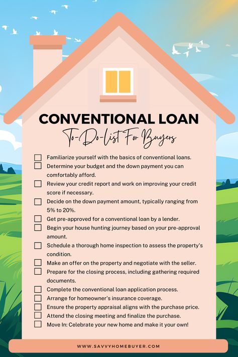 Ready to dive into the homebuying process with a conventional home loan? Our 'Conventional Home Loan To-Do List For Buyers' pin is here to guide you every step of the way. Filled with essential mortgage tips, this checklist simplifies what can be an overwhelming journey. From pre-approval to closing, get ready to navigate the home loan process with ease. Pin this now for a seamless path to securing your dream home! Pre Approval, Usda Loan, Personal Finance Lessons, Title Insurance, Home Buying Checklist, Mortgage Interest Rates, Mortgage Tips, Buying Your First Home, Improve Your Credit Score