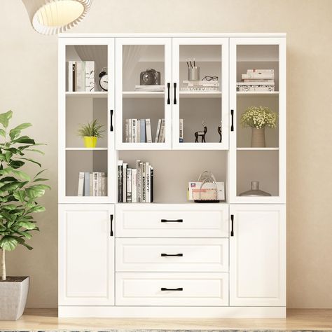 Homsee Tall Bookcase Bookshelf with Storage Shelves, 3 Drawers & 4 Glass Doors, Wooden Display Storage Cabinet with 11 Compartments for Home Office, Living Room, White (63”W x 15.7”D x 78.7”H Bookshelf With Storage, Modular Cabinets, Bookcase With Glass Doors, Large Bookcase, Tall Bookcase, Cabinet With Drawers, Pantry Storage Cabinet, Wooden Storage Cabinet, Dining Cabinet