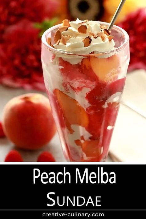 This Peach Melba Ice Cream Sundae with Toasted Almonds is an easy and delicious way to enjoy the bounty of late summer peaches combining them with raspberries, vanilla ice cream, toasted almonds and whipped cream. via @creativculinary Nectarine Desserts, Ice Cream Sundae Recipe, Culinary Desserts, Sundae Recipes, Culinary Food, Coffee Milkshake, Summer Pie, Peach Melba, Fruit Pops