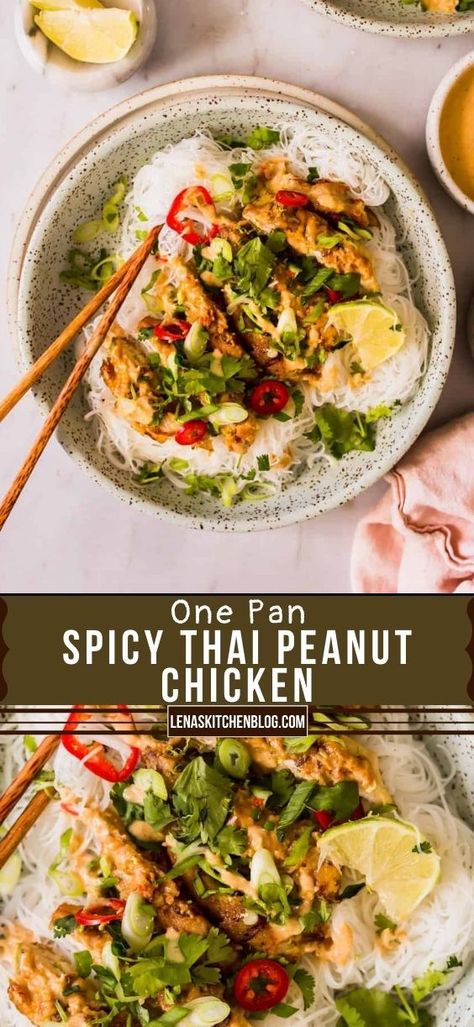 This One Pan Spicy Thai Peanut Chicken is an easy 15 minute meal you can serve with rice, salad, or noodles. The spicy peanut sauce is so decadent and bright, making this chicken recipe more flavorful than you can imagine! Seasoned Chicken Thighs, Peanut Chicken Recipe, Thai Chicken Recipes, Chicken Satay Skewers, Homemade Peanut Sauce, Thai Chicken Salad, Thai Peanut Chicken, Spicy Peanut Sauce, Seasoned Chicken