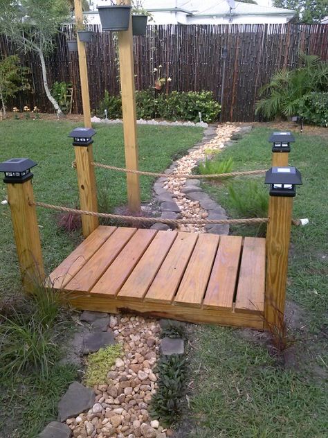 Pallet Bridge Wood Walkway, Backyard Bridges Landscaping, Garden With Bridge Ideas, Creek Design Landscape, Build A Bridge Over A Creek, Diy Garden Bridge Ideas, Entertainment Yard Ideas, Bridge In Backyard, Deck With Bridge