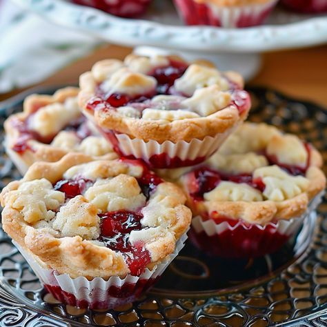 Cherry Pie Cookie Cups Pie, Cherry Cookie Cups, Mini Cherry Desserts, Fruit Pie Cookies, Cherry Pie Cookie Cups, Cherry Pie Stuffed Cookies, Cherry Pie Cups, Cherry Pie Bites, Cookie Texture