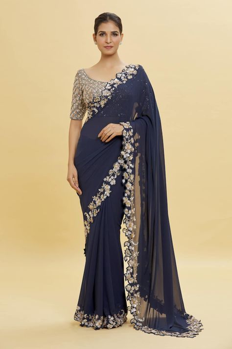 Buy Blue Chanderi Embroidery Cutdana Round Floral Cutwork Border Saree With Blouse For Women by Ikshita Choudhary Online at Aza Fashions. Sarees For Girls, Simple Saree Designs, New Saree Designs, Fashionable Saree Blouse Designs, Fancy Sarees Party Wear, Border Saree, Saree Designs Party Wear, Traditional Indian Outfits, Designer Saree Blouse Patterns