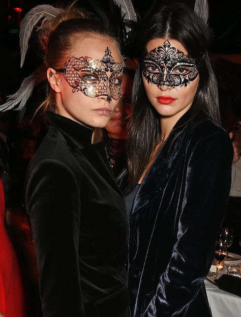 Kendall Jenner and Cara Delevingne in London October 2015 | POPSUGAR Celebrity Masquerade Party Outfit, Model Behavior, Gothic Chic, Masked Ball, Lace Mask, Masquerade Party, Lip Ring, Masquerade Mask, Masquerade Ball