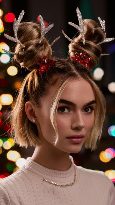 Festive Hairstyles Christmas, Funny Christmas Hairstyles, Fun Christmas Hair Ideas, Christmas Updo Party Hair, Reindeer Hairstyle, Grinch Hairstyles, Christmas Crazy Hair, Fun Christmas Hair, Grinch Play