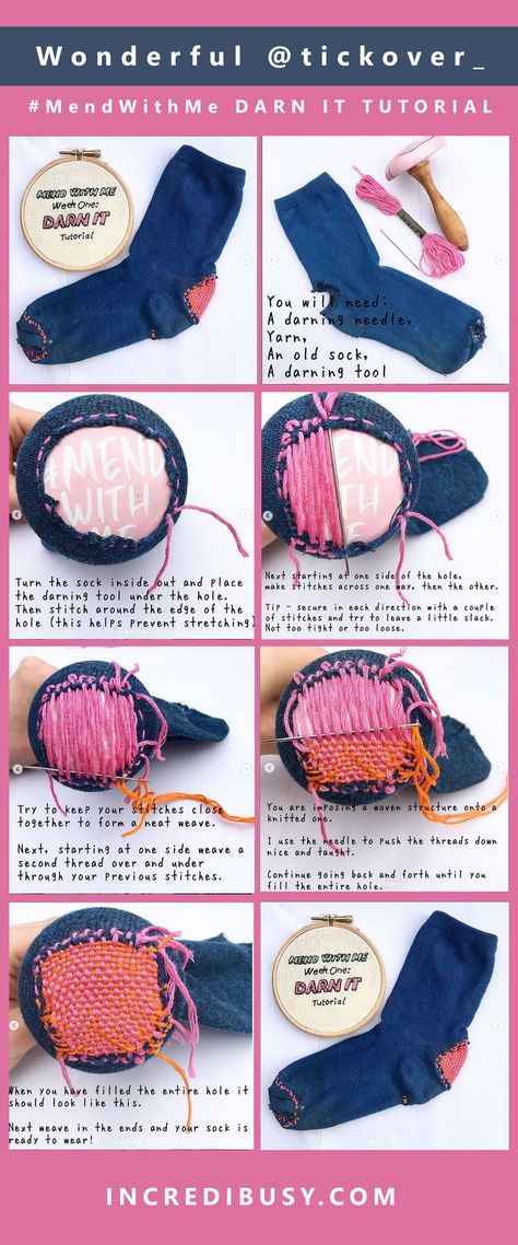 Guest post - Bryony from @Tickover_ conscious hand embroidery ~ Incredibusy - how to darn a sock Embroidery Darning, Visible Darning, Darn A Hole, Sock Mending, How To Mend A Sock, Darning A Sock, Sock Darning Tutorials, Darning Tutorial, Mending Socks By Hand