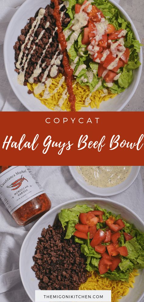 Copycat Halal Guys Beef Bowl - The Migoni Kitchen Halal Beef Recipes, Halal Guys, Beef Gyro, Pasta With Mayonnaise, Beef Bowl, Ground Beef Rice, Beef Bowls, Power Bowls, Beef And Rice