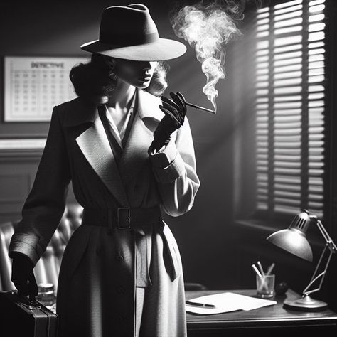 Noir Aesthetic Women, Detective Outfit Female Vintage, Film Noir Women, Female Mobster, Mafia Woman Aesthetic, Noir Detective Aesthetic, 1920s Aesthetic Women, High Society Aesthetic, 1920s Character Design