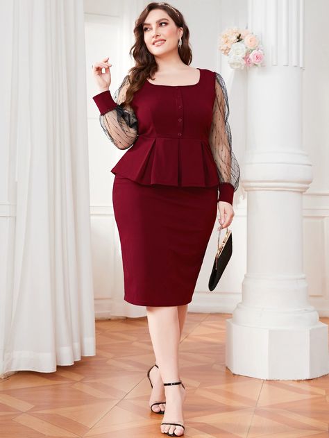 Burgundy Elegant Collar Long Sleeve  Plain  Embellished Slight Stretch Spring/Summer Plus Size Co-Ords Manche, Peplum Top With Skirt, Lace Lanterns, Plum Dress, Peplum Tops, Back Skirt, Elegant Fabric, Cheongsam Dress