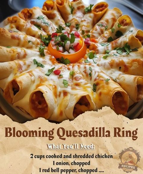 Mommy Needs A Recipe!! | Blooming Quesadilla Ring | Facebook Blooming Quesadilla Ring, Blooming Quesadilla, Quesadilla Ring, Chops Recipe, Red Bell Pepper, Shredded Chicken, Stuffed Bell Peppers, Appetizer, Stuffed Peppers