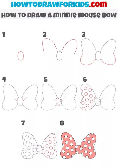 How to Draw a Minnie Mouse Bow - Easy Drawing Tutorial For Kids Step By Step Minnie Mouse Drawing, Minnie Mouse Drawing Easy Step By Step, Minnie Bow Tattoo, Minnie Mouse Chalk Art, Mickey Mouse Drawing Easy Step By Step, How To Draw Minnie Mouse Step By Step, How To Draw Minnie Mouse, Minnie Mouse Painting On Canvas, Minnie Mouse Drawing Easy