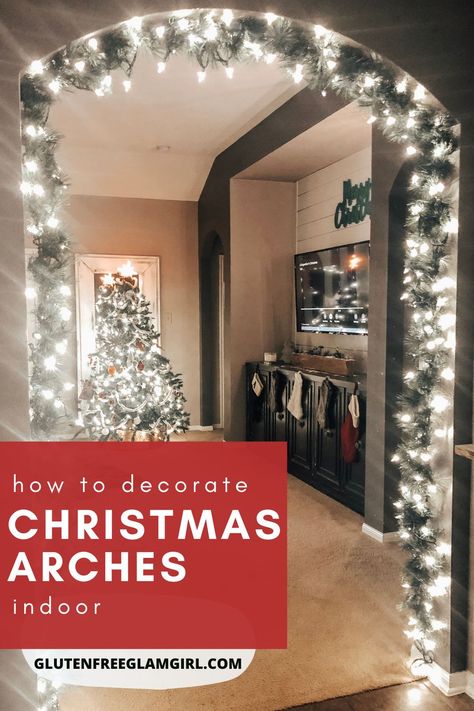 Christmas Decor Ideas For Arches, Christmas Decor For Doorways, Decorating Basement For Christmas, Christmas Garland Large Doorway, Arch Way Christmas Garland, Christmas Archways Diy, Garland Doorway Inside, Diy Lighted Garland Christmas, Indoor Doorway Garland Christmas