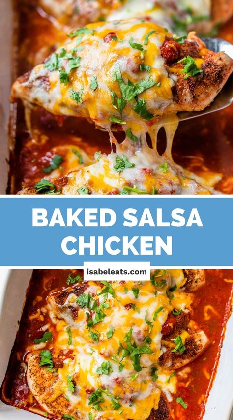 This tasty Salsa Chicken is a simple and healthy dish made from chicken breasts flavored with Mexican spices, topped with a chunky salsa, and baked with melted ooey-gooey cheese! It's an easy and delicious dinner the whole family will love. Baked Salsa Chicken, Isabel Eats, Healthy Mexican Recipes, Mexican Chicken Recipes, Recipes Authentic, Chunky Salsa, Healthy Mexican, Salsa Chicken, Mexican Spices