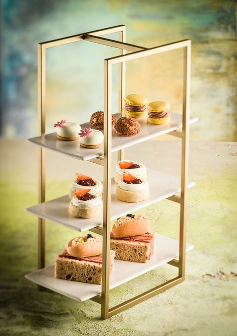 Move away from the traditional round shaped stands for Afternoon Tea...we love this rectangle bronze stand. It will make you stand out from the crowd! New Years Dinner Party, Chef Clothing, Afternoon Tea Stand, Tea Stand, Buffet Stand, Dessert Table Birthday, New Years Dinner, Cake Rack, Tier Trays