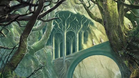 Mirkwood, The Woodland Realm. The Throne and... - Elven Forest Elven Tree, Tree Town, Woodland Realm, Legolas And Thranduil, John Howe, Forest Elf, Desolation Of Smaug, Tolkien Art, Wood Elf