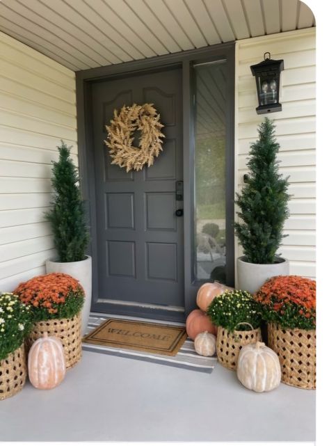 Porch Fall Decor, Front Porch Makeover, Painted Patio, Porch Makeover, Door Colors, Fall Front Porch Decor, Small Front Porches, Concrete Porch, Small Porches