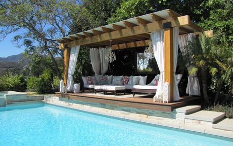 20 Pool Cabana Ideas That'll Make Everyone Say Wow (w/ Tips) Backyard Pool Cabana Ideas, Backyard Pool Cabana, Pool Cabana Ideas, Cabana Ideas, Backyard Cabana, Pool Gazebo, Pool Pergola, Deck Piscina, Pool Cabanas