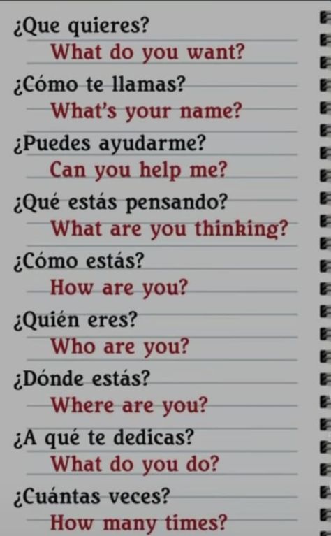 Spanish Question Words, Common Spanish Phrases, English To Spanish, Spanish Notes, Useful Spanish Phrases, Spanish Words For Beginners, Basic Spanish Words, Learning Spanish Vocabulary, Spanish Verbs