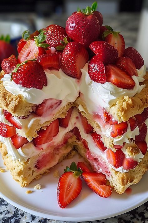 Classic Strawberry Shortcake Delight Fancy Strawberry Shortcake, Strawberry Cakes Birthday, Strawberry Deserts Ideas, Best Strawberry Shortcake Recipe, Strawberry Foods, Strawberries Shortcake, Comidas Aesthetic, Classic Strawberry Shortcake, Vegan Strawberry Shortcake