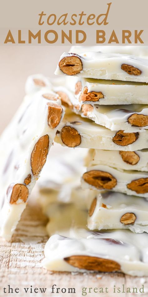 Easy Homemade Candy, Almond Bark Recipes, Xmas Sweets, Nut Clusters, White Almond Bark, The View From Great Island, White Chocolate Bark, Almond Pastry, Homemade Candy