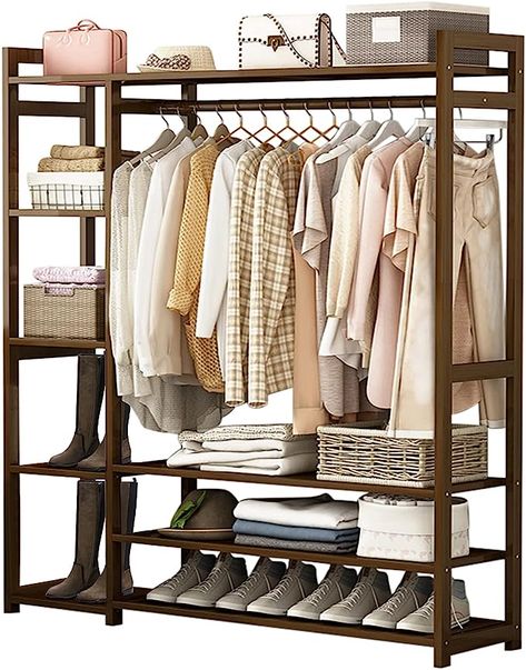 Clothing Rack With Shelves, Wood Clothing Rack, Wooden Window Design, Wooden Clothes Rack, Wood Clothing, Standing Closet, Pink Academia, Clothing Racks, Free Standing Closet