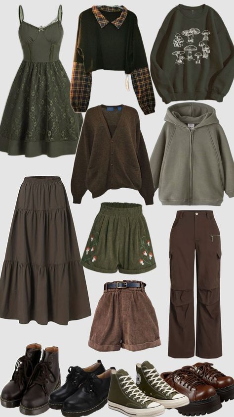 #goblincore #earthy #fall #autumn #outfit Fall Goblincore Outfits, Fairy Autumn Outfit, Indie Autumn Outfits, Earthy Cute Outfits, Goblin Core Winter Outfits, Olive And Brown Outfit, Goblincore Fall Outfits, Earthy Green Outfits, Fall Hippie Aesthetic