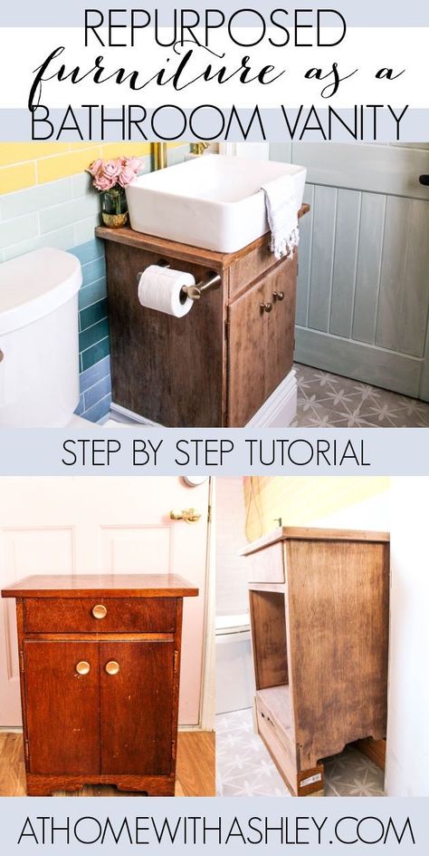 Repurposed furniture as a DIY Bathroom vanity. Ideas for unique bathroom vanities for small space from a vintage cabinet. A step by step tutorial for how to upcycle furniture for a bathroom vanity. Recycled furniture is good for the earth and less expensive than buying a new vanity. Upcycling, Vanity Upcycle, Upcycled Bathroom Vanity, Diy Bathroom Vanity Ideas, Diy Bathroom Sink, Dresser Vanity Bathroom, Bathroom Vanity Ideas, Small Bathroom Diy, Vintage Sink