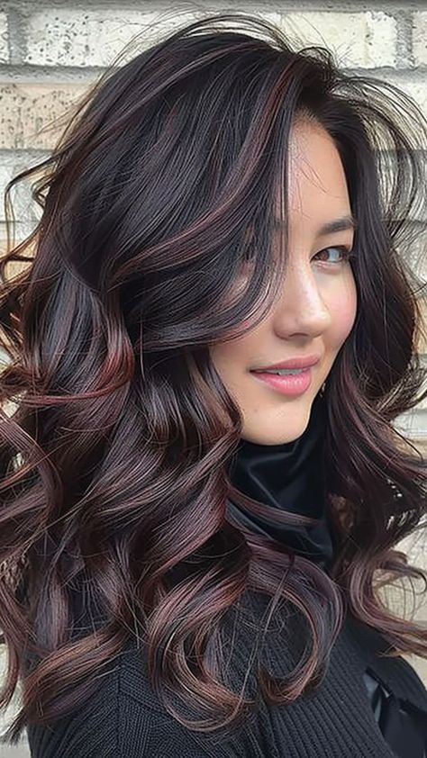 Peekaboo Highlights For Dark Hair Short, Hair Colors For Olive Skin, Plum Burgundy Hair, Dark Plum Hair, Mahogany Highlights, Burgundy Hair With Highlights, Fall Hair Ideas For Brunettes, Deep Burgundy Hair, Raspberry Hair