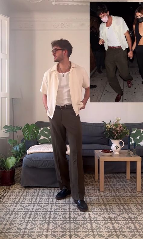 Mens Shorts Outfits Formal, Men’s Brown Suit Outfit, Mens Outfit Semi Formal, Mens Trousers Casual Outfit, Relaxed Wedding Suit Groom Outfit, Men’s Gen Z Fashion, Class Outfit College Men, Long Torso Men Fashion, Men’s Date Outfits