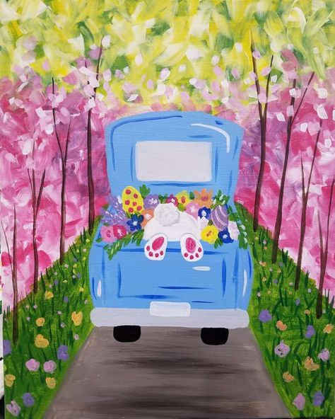 Easy Easter Paintings On Canvas Kids, Cute Easter Paintings Easy, Spring Truck Painting, Spring Themed Paintings, Easter Sip And Paint Ideas, Cute Spring Paintings, Easy Easter Canvas Painting, Spring Drawings Ideas Art Easy, Spring Paintings Easy