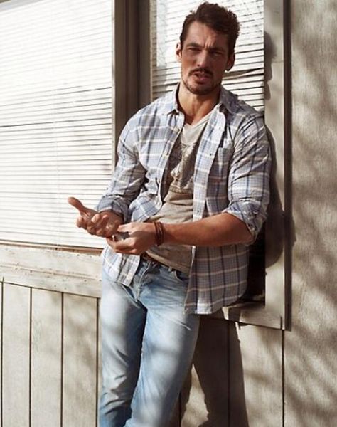 David for @Lucky Brand SS 2014 Lucky Brand Outfits, Brand Outfits, Light Blue Plaid, David James Gandy, Jeans Street Style, Hey Handsome, David James, Button Outfit, David J