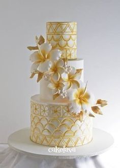 beautiful gold and white Samoan inspired wedding cake Island Cake, Cake With Flowers, Cake Flower, Gateaux Cake, Amazing Wedding Cakes, Custom Wedding Cakes, Maui Wedding, Elegant Wedding Cakes, Elegant Cakes