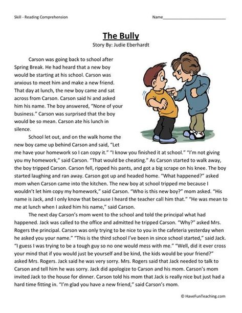 This Reading Comprehension Worksheet - The Bully is for teaching reading comprehension. Use this reading comprehension story to teach reading comprehension. Teaching Reading Comprehension, Esl Reading, English Stories For Kids, Reading Comprehension Lessons, Have Fun Teaching, Essay Writing Skills, Reading Comprehension Skills, Reading Comprehension Activities, Reading Comprehension Passages