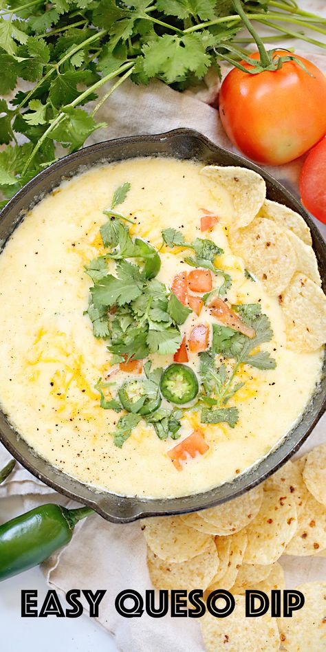 Cheesy queso dip in a cast iron skillet with jalapenos, tomatoes, cilantro and tortilla chips. Make Queso Dip, Queso Recipe Easy, Easy Queso Dip, Homemade Queso Dip, Queso Dip Crockpot, Spicy Queso Dip, Queso Fresco Recipe, Queso Blanco Recipe, White Cheese Dip Recipe