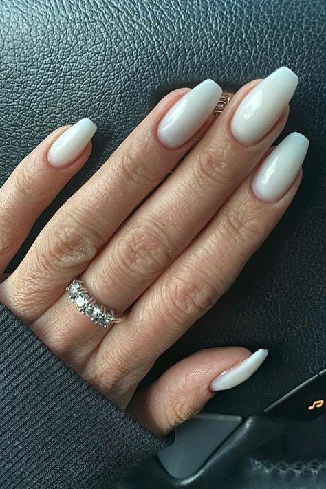 35+ Summer Acrylic Nail Ideas, milky white nails, white nails, summer nails, gel white nails, simple white nails, coffin nails, coffin white nails Occasion Nails, Milky Nails, Pedicure Manicure, Simple Gel Nails, Work Nails, Basic Nails, Casual Nails, Classy Acrylic Nails, Design Nails