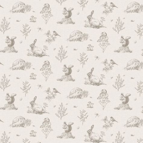 A whimsical woodland design featuring hedgehogs squirrels and rabbits among other insects and birds. Forest Friends Wallpaper, Unisex Nursery Wallpaper, Woodland Wallpaper Nursery, Stag Wallpaper, Woodland Wallpaper, Rabbit Nursery, Scene Wallpaper, Whimsical Woodland, Unisex Nursery