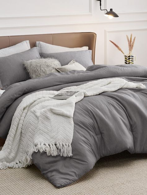 Dark Grey  Collar     Embellished  Fall,Spring,Summer,All Seasons Bedding Gray Bedding Bedroom Ideas, King Size Comforter Sets Master Bedrooms, Comfy Bedding Ideas, Gray Bedding With Pop Of Color, Grey Duvet Cover Bedroom, Dark Grey Bedding Ideas, Bedding For Couples, Grey Bedding Ideas Color Combinations, Bedsure Bedding