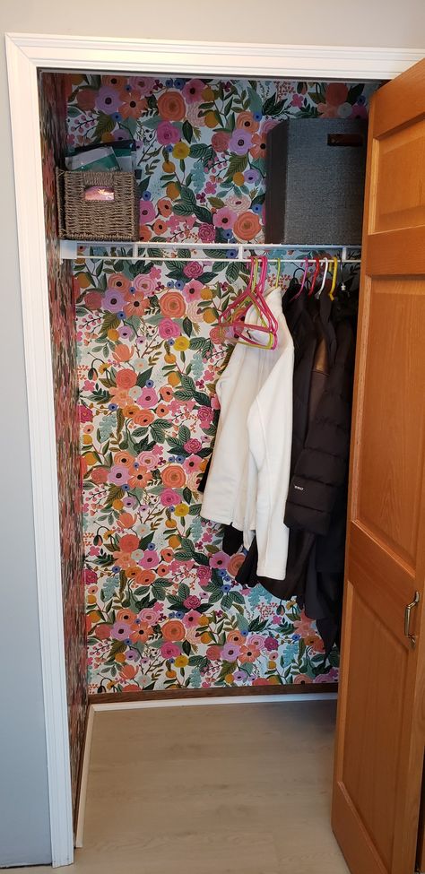 Office Closet Wallpaper, Coat Closet Wallpaper, Wallpaper Inside Closet, Closet Makeover Wallpaper, Closet With Wallpaper, Wallpaper Wardrobe Doors, Wallpaper In Closet, Wallpapered Closet, Walk In Robe Designs