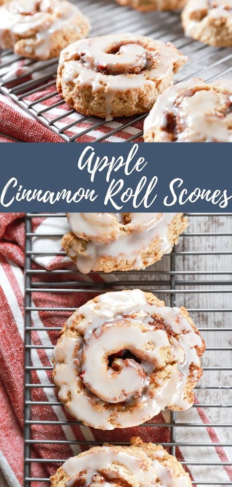 Apple cinnamon roll scones on a cooling rack Cinnamon Rolls Scones, Apple Scone Recipes, Cinnamon Bun Scones, Cinnamon Roll Scones Recipe, Apple Scones Recipe Easy, Scones Flavors, Apple Scones Recipe, Apple Cinnamon Scones Recipe, Apple Cinnamon Scones