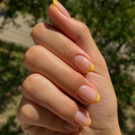 Yellow Nail Tips French Manicures, Short French Nails Yellow, Colour French Tip Short Nails, Micro French Manicure Yellow, Extended French Tip Nails, Color French Short Nails, Yellow French Nails Tips, French Manicure With Yellow Tips, Round Nail Manicure