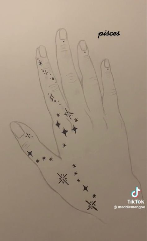 Star Hand Doodles, Small Tattoo Ideas Stars, Cute Hand Doodles, Zodiac Hand Tattoos, Doodles On Arm, Cute Things To Draw On Your Hand, Hand Doodle Ideas, Constellation Hand Tattoo, Pisces Constellation Tattoo