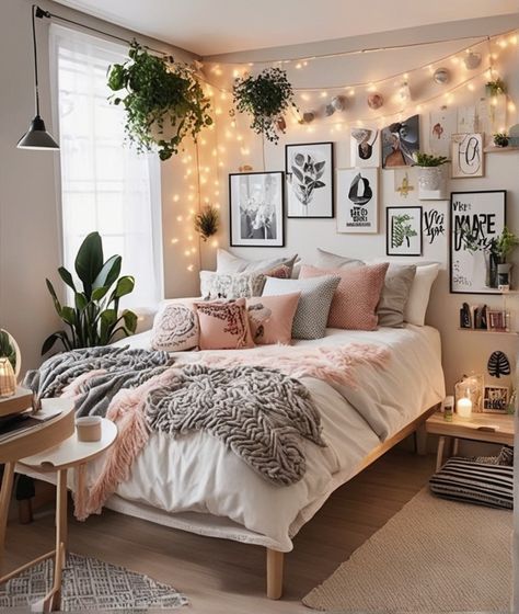 room decor Room inspiration Bedroom decor Personalization ideas Uni room ideas Dorm room decor Hanging Ivy Plants Washi-Tap Wall! Pompom Garlands! LED Lights Photo wall Snack and Drink Trolley Bedroom With Lights And Plants, Big Wall Room Decor, Asthetic Room Designs Bedroom, Color Rooms Ideas, Apartment Bedroom Aesthetic Cozy, Natural Light Bedroom Aesthetic, Travel Bedroom Ideas, Room Ideas Aesthetic Bed Next To Window, High School Bedroom Ideas Girl