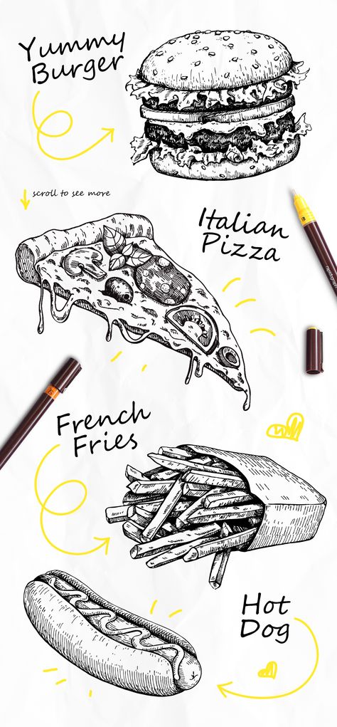 Fast Food Sketch Set. Detailed Hand Drawn Illustrations on Behance Peisaj Urban, 귀여운 음식 그림, Food Sketch, Food Illustration Art, Watercolor Food, Kraf Diy, Food Painting, Illustration Food, Pencil Art Drawings