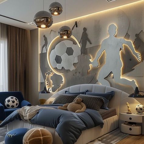 Football-themed boys' room with creative decor ideas. Features include football wall art, themed bedding, a goalpost headboard, a football rug and curtains, and football-themed storage solutions. Perfect for young sports enthusiasts! Boys Bed Rooms, Football Room Design, Boys Bedroom Ideas Soccer, Cool Kids Bedrooms For Boys, Boys Room Football Theme, Football Interior Design, Kids Bedroom Designs Boys, Football Themed Bedroom For Boys, Boys Room Aesthetic