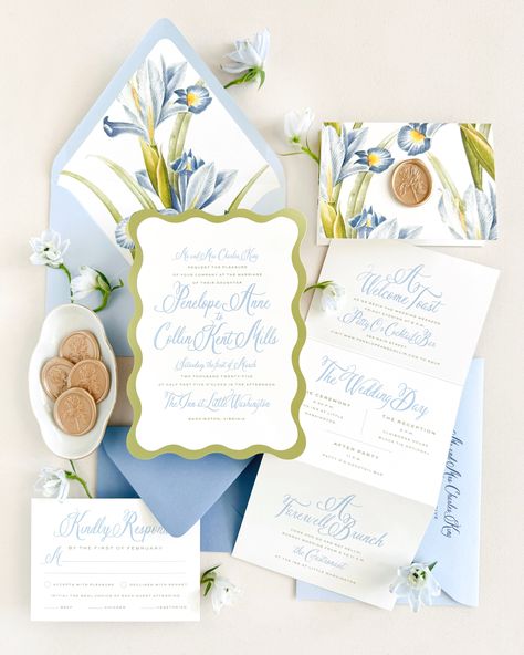 What do we love about this suite? The color palette of Azure blue and Chartreuse The blue iris botanical illustration throughout A wavy edge invitation Whimsical script lettering The wedding weekend trifold An oval prosecco wax seal featuring an iris How to Order and Production Process Select desired quantity Quick Tip: count households, not headcount, and include extras for keepsakes, photography, and returns in the mail Click Personalize and fill out order form completely Upload your guest add