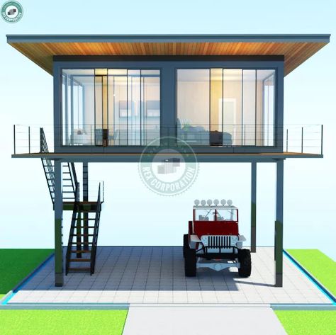 Elevated Container House Design, Tiny House Roof Deck, Container House On Stilts, House On Stilts Plans, Elevated Tiny House, Stilt House Plans Modern, Modern House On Stilts, Stilts House, Beach House On Stilts