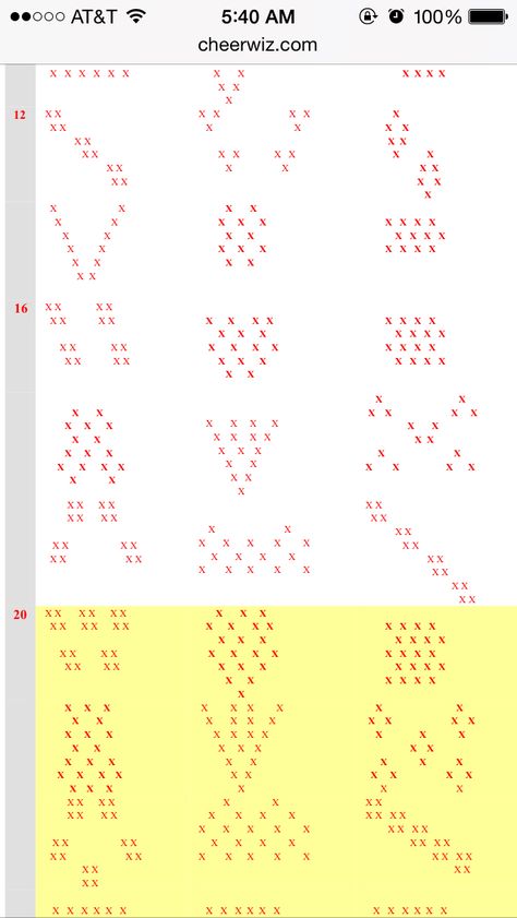 Formation for 16 girls Jump Formations Cheer, Formations For 9 Dancers, 15 Person Cheer Formation, Dance Formations For Large Groups, Cheerleading Formations, Cheer Coach Tips, Cheer Formations For 20, Competition Cheer Words, Cheer Formations