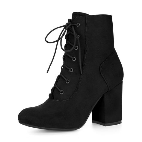 A pair of ankle booties features a lace-up front, a chunky high heel, and a classic rounded toe. A side zipper is added to ease you in and out. Lace Up Booties; Round Toe; Chunky High Heel; Vamp: Faux Suede; Outsole: Rubber; Heel: ABS; Heel Height: 3 3/8 inches; Occasion: Office, Interview, Party, Casual, Halloween days, Christmas Days, Dating, Evening. Elevate your body type and make you naturally look comfortable in your skin and body. Good options for parties, sweet dating, shopping, festival Halloween Costume Boots, Velvet Block Heels, Costume Boots, Womens Black Booties, Dr Shoes, Chunky Heel Ankle Boots, Womens Chunky Heels, Shoes Boots Ankle, Block Heel Ankle Boots